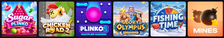 Crumbet Casino instant games met Sugar Plinko, Chicken Road 2, Plinko 2, Glory of Olympus, Fishing Time en Mines